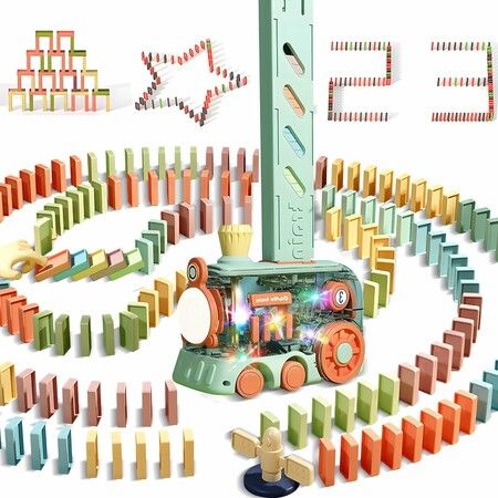 Auto Dominoes Train Set 200PCS Automatic Colourful Lighting Sound Creative Dominos Fun Game Play Toy for Kids Age 3-8 Green