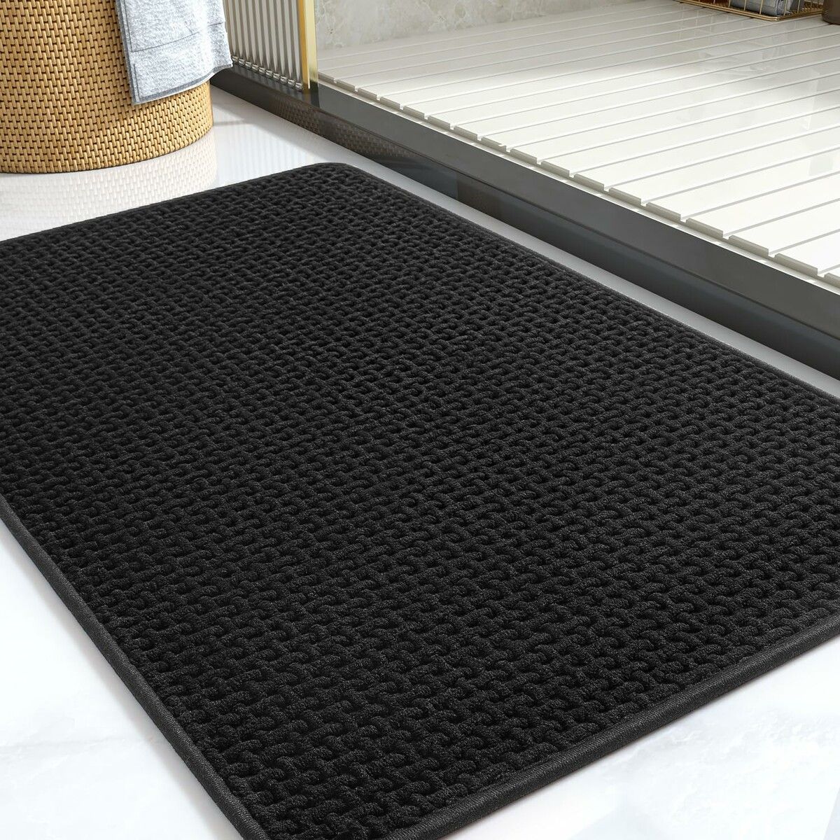 Chenille Bath Mat-Rubber Backing Bathroom Rugs Non Slip-Quick Dry Bath Mats for Bathroom Floor- Rugs Fit Under Door(Black-40*60CM)