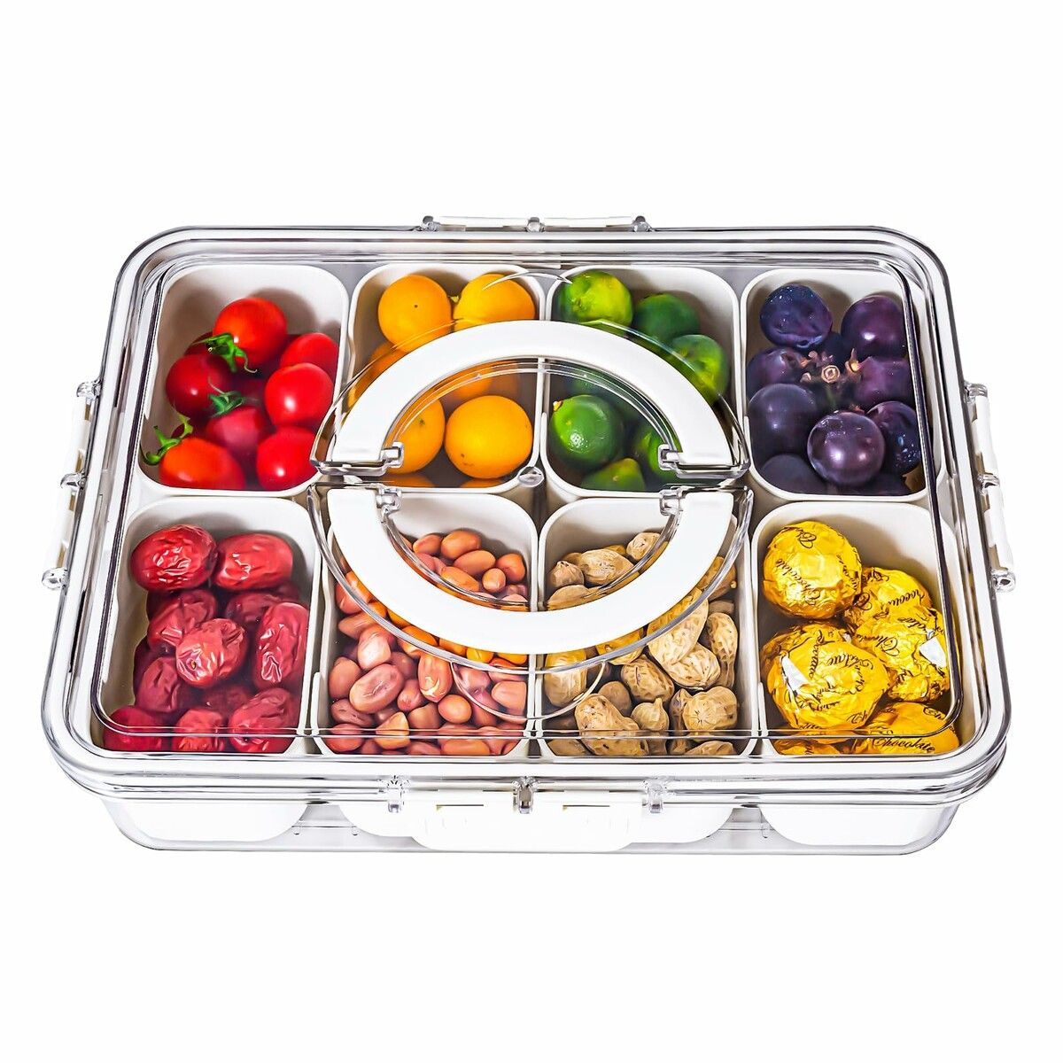 Divided Snack Box with Lid Handle 8 Compartments Portable Clear Organiser for Candy Fruits Nuts Party Platters