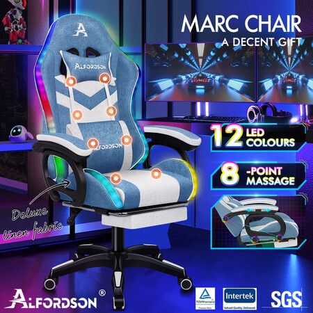ALFORDSON LED Gaming Office Chair with 8-Point Massage Fabric Blue White