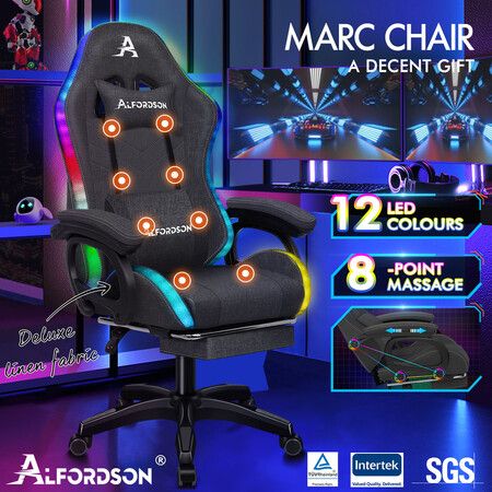 ALFORDSON LED Gaming Chair Office with 8-Point Massage Fabric Grey