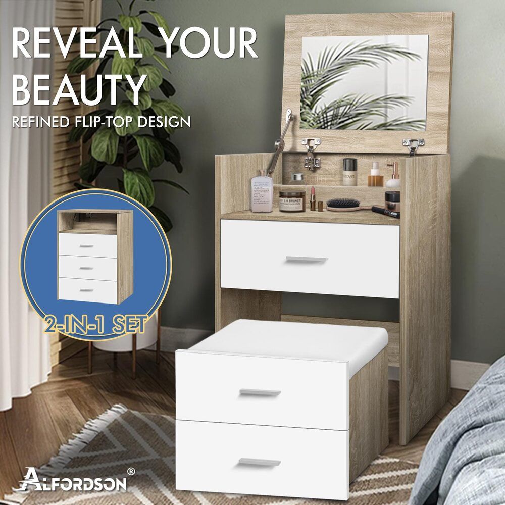 ALFORDSON Dressing Table Stool Set 2-In-1 Makeup Mirror Storage Desk Wood