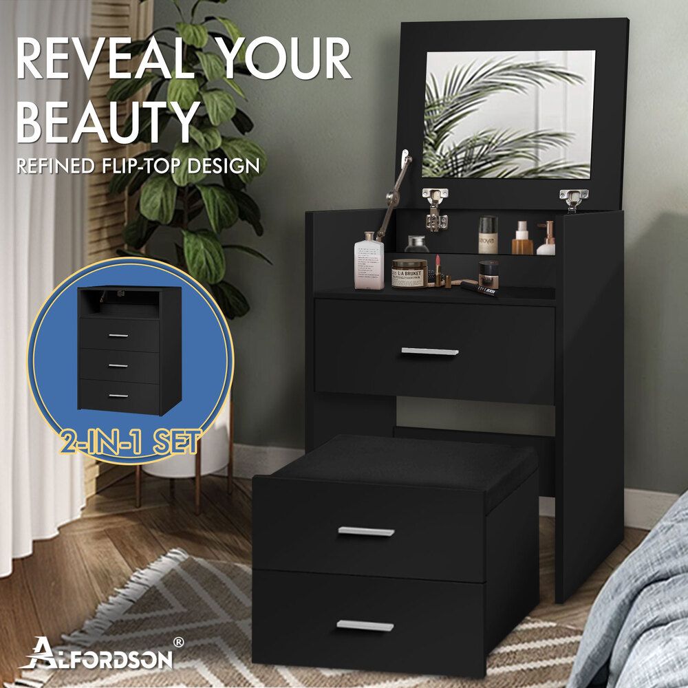 ALFORDSON Dressing Table Stool Set 2-In-1 Makeup Mirror Storage Desk Black