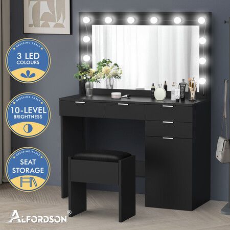 ALFORDSON Dressing Table Stool Set Makeup Mirror Desk 12 LED Bulbs Black