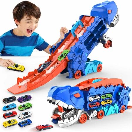 Transport Truck with City Ultimate Hauler Race Track,Transforms into Stomping Standing Toddler Toys Unique Gifts Age 3+ ( 8 Die-Cast Race Cars)