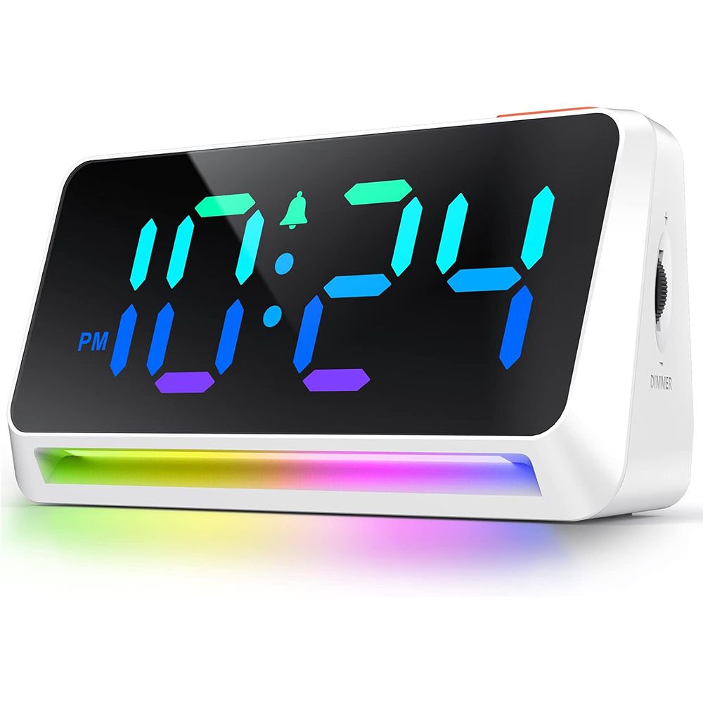 Super Loud Alarm Clock for Bedroom, Heavy Sleepers, Dynamic RGB Color Changing Clock for Teens, Kids, Small Bedside Digital Clock with LED Display, Atmosphere Light, USB Charger, White