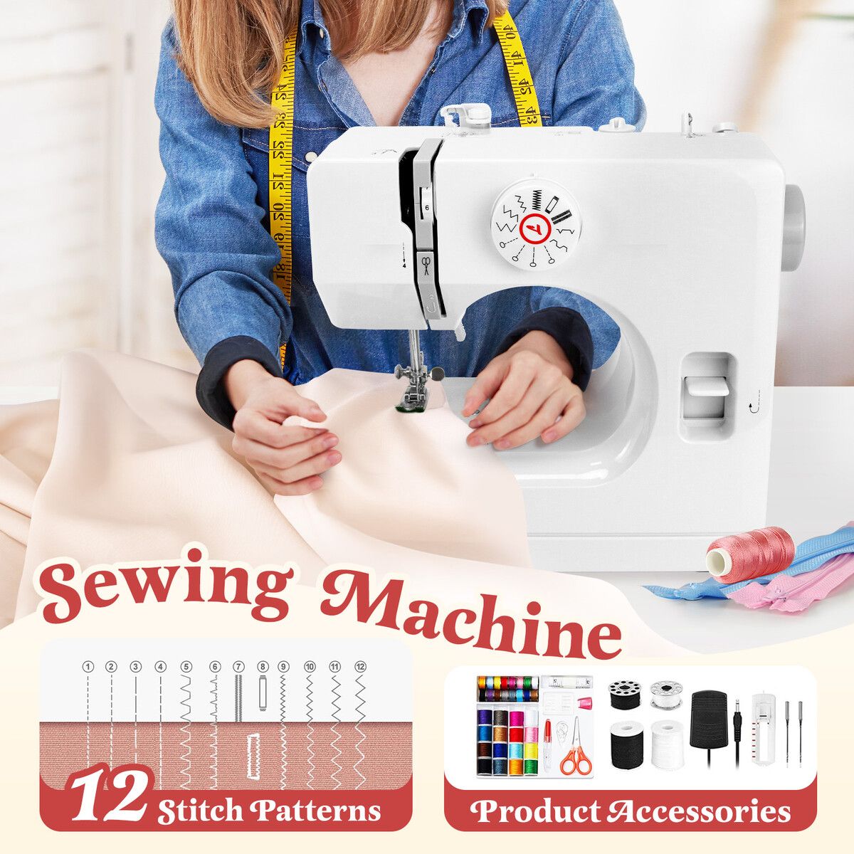 Mini Sewing Machine Electric Reverse Stitching Potable Mending Kit Compact Household 12 Stitch Patterns for Beginners