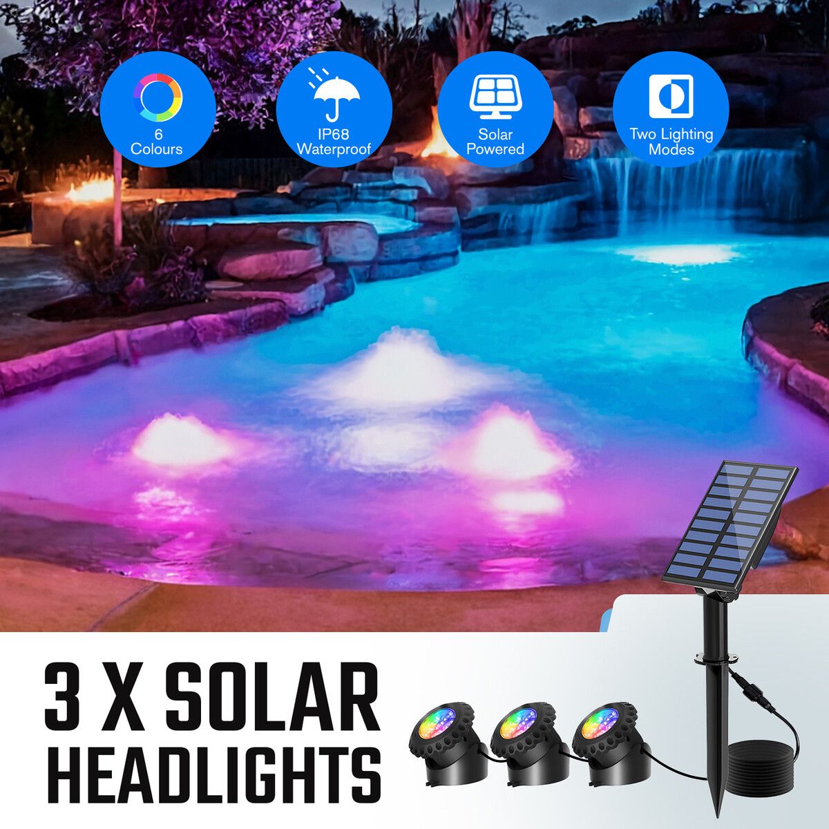 Solar Pond Outdoor Light 3 Heads RGB Landscape Spotlight Pool Fish Tank Fountain Submersible Lamp Waterproof Multicolours