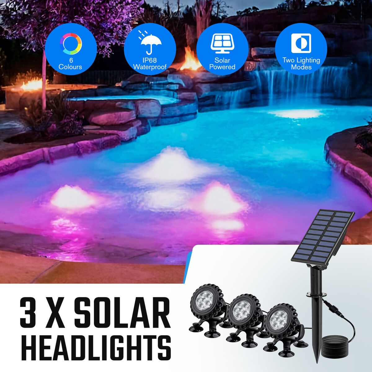 Solar Outdoor Light 3 Heads RGB Pond Fish Tank Landscape Garden Spotlight Pool Aquarium Underwater LED Multicolour Waterproof