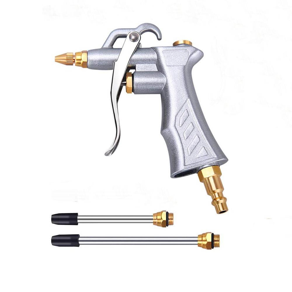 Industrial Air Blow Gun with Brass Adjustable Air Flow Nozzle and 2 Steel Air flow Extension, Pneumatic Air Compressor Accessory Tool Dust Cleaning Air Blower Gun, 1 Pack