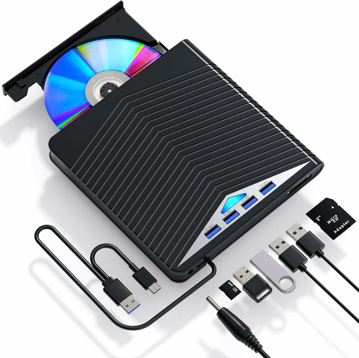 External CD DVD Drive 7 in 1 CD/DVD Burner USB 3.0 with 4 USB Ports and 2 TF/SD Card Slots Optical Disk Drive for Laptop Mac, Compatible with PC Windows /10/8/7 Linux OS