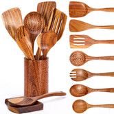 Natural Teak Wooden Kitchen Utensil Set 9 Piece with Spoon Rest Comfort Grip Cooking Utensils and Holder