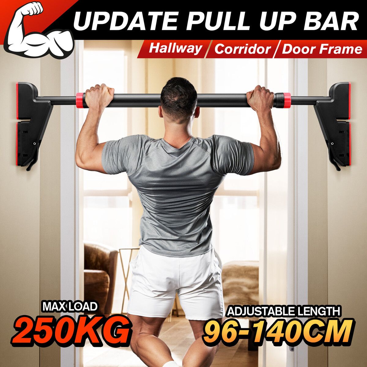 Pullup Bar Chinup Situp Push Up 250kg Horizontal Door Home Gym Abs Workout Exercise Shoulder Chest 96-140cm Adjustable