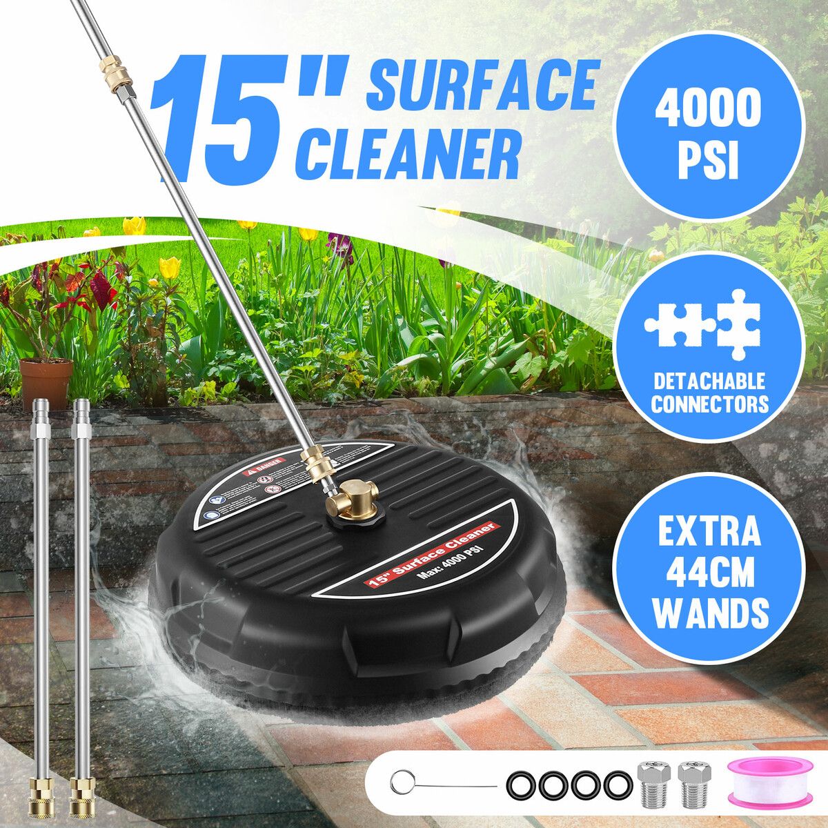 High Pressure Washer Surface Cleaner 15 Inch Concrete Driveway Scrubber 4000PSI Power Jet Extension Wand Nozzle 1/4” Connector