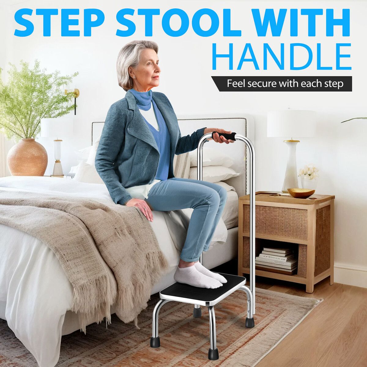 Step Stool with Handle Footstool Bed Mobility for Elderly Disability Aid Adult Bath Stand Stainless Steel Lightweight Nonslip