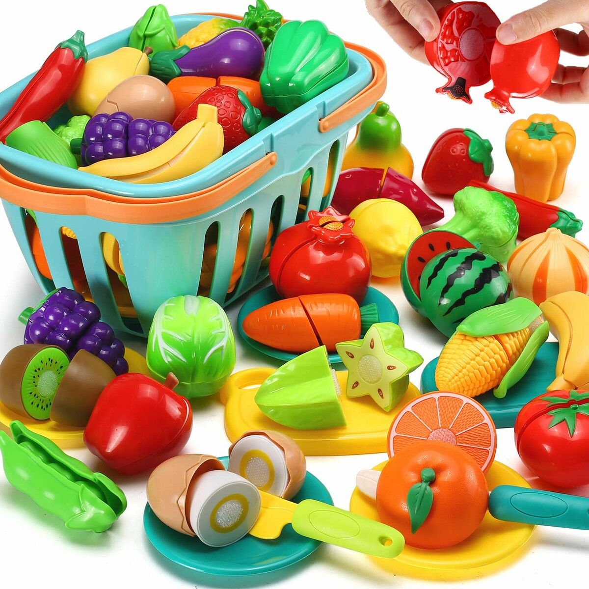 70 PCS Cutting Play Food Toy,Pretend Fruit & Vegetables Accessories with Shopping Storage Basket,Plastic Mini Dishes and Knife,Educational Toy,Birthday Gift