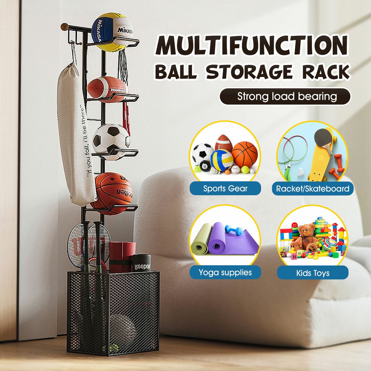 Ball Storage Rack Shelf Garage Shelving Unit Organiser Basketball Football Sports Equipment Display Stand Hook Basket Metal