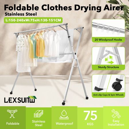 Clothes Rack Airer Garment Drying Stand Stainless Steel Folding Adjustable Outdoor Laundry Rail on Wheels with 20 Hooks