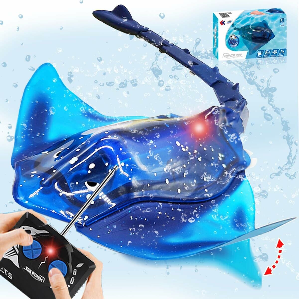 Pool Toys Remote Control Stingray Diving into Water High Simulation Robot Manta Ray Lights Remote Control Bathtub Age3+ Blue