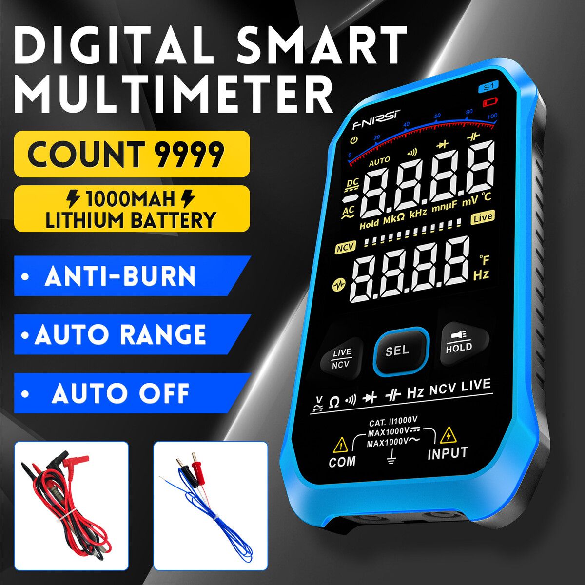 Smart Digital Multimeter Tester 9999 Counts AC DC Voltage Current Resistance Capacitance Diode Frequency NCV Live Wire Color Display Handheld Professional