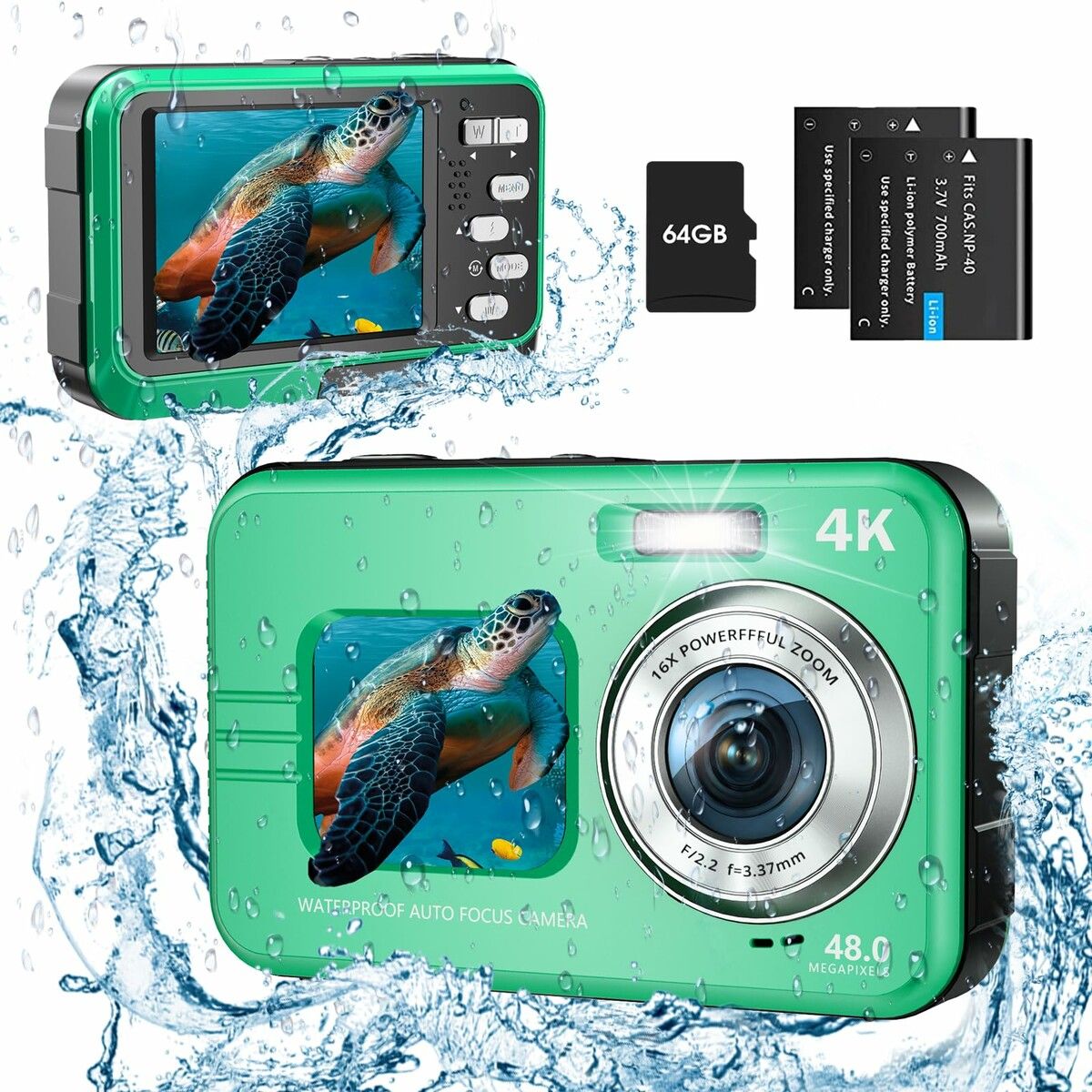 Underwater Camera 4K UHD 48MP Waterproof with Dual Screens 16X Zoom Selfie Fill Light Snorkeling 64GB Card Green