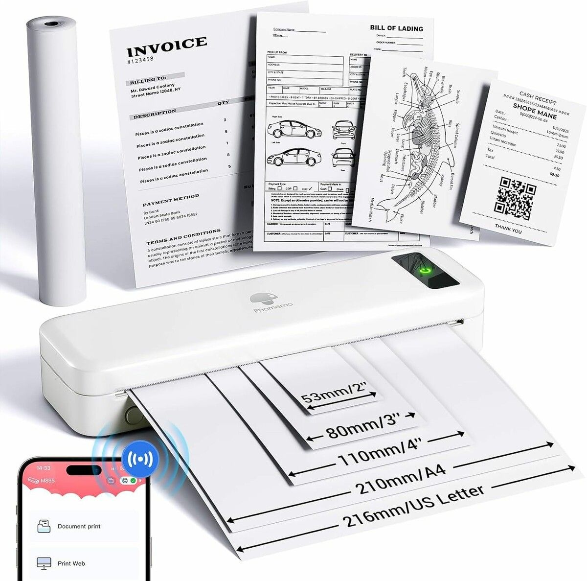 Portable Printers Wireless for TravelaPhomemo Portable Printers Wireless for Travel, Inkless Printer Thermal M835, Mobile Printer Bluetooth Support 8.5 inch, A4, 4.33inch, 3.15inch, 2.08 inch Thermal Paper Roll, Compact Printer Compatible with iOS and And