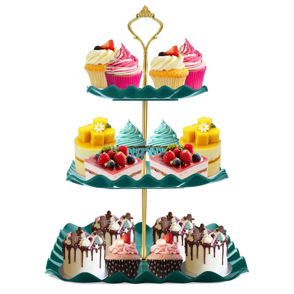 Dessert Cupcake Stand,3 Tier Cup Cake Holder Tower for Tea Party/Birthday/Weeding,Plastic Tiered Serving Tray with Metal Rod,Green