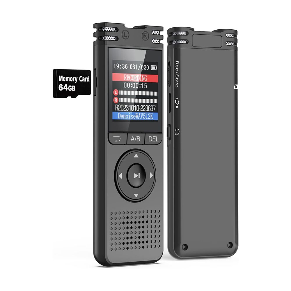 64GB Digital Voice Recorder with Playback for Lectures Meetings, 1536Kbps Sound Audio Recorder Dictaphone Recording Device with Recording Monitoring, Password