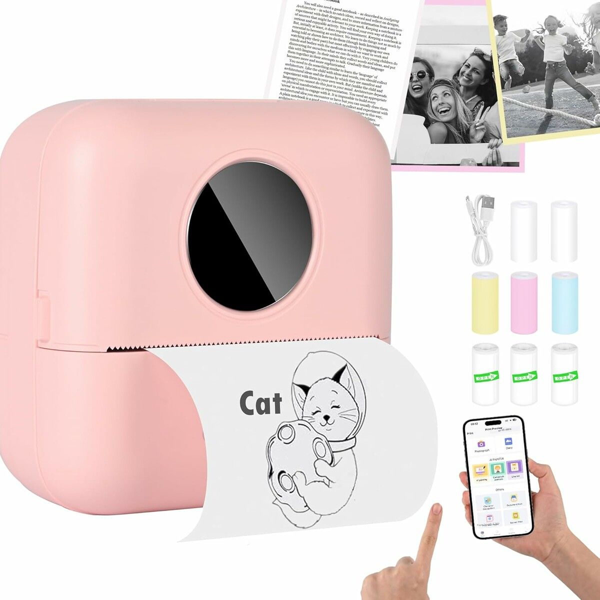 Mini Inkless Thermal Printer for iOS and Android for Bluetooth Wireless Mini Portable Printer for DIY,Memo,List (Pink)