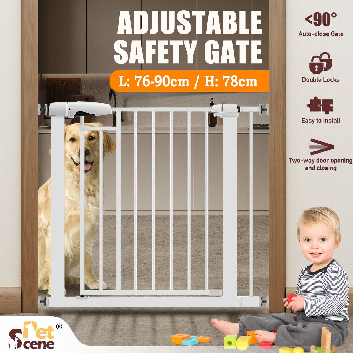 Pet Dog Safety Gate Adjustable Fence Cat Stairs Doorway Enclosure Safe Guard Security Barrier 76 to 90cm with 7cm Extension