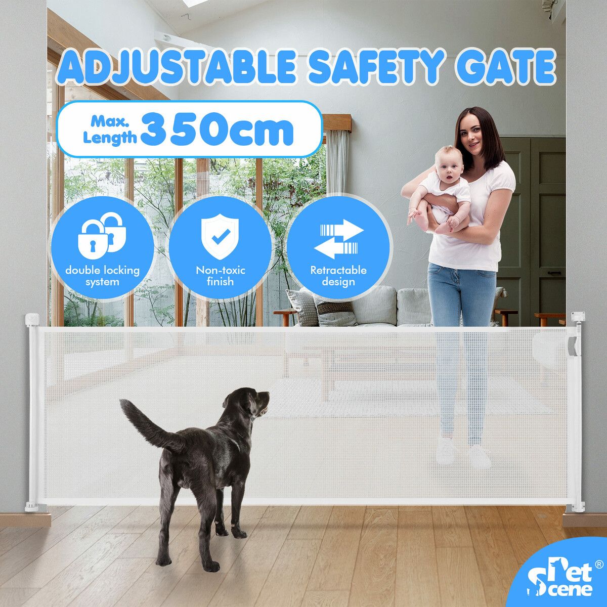 Retractable Safety Gate Dog Cat Pet Enclosure Fence Safe Guard Barrier for Stairs Doorway Security Mesh Fencing 350cm White