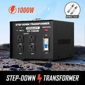 Step Down Transformer 1000W 240V-110V Stepdown Electric Voltage Converter AU to US with 4 AC Output Sockets 5V USB Port