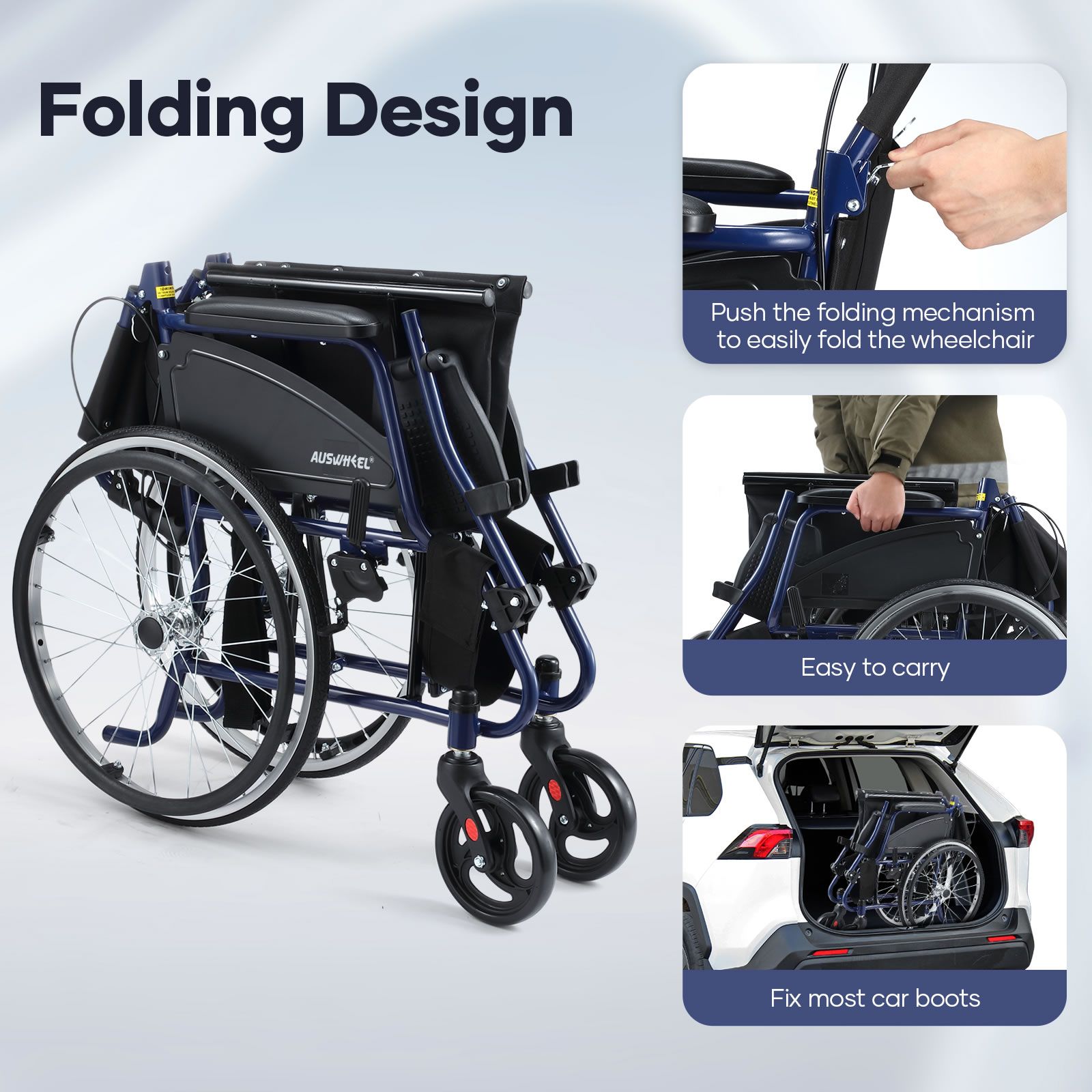 Folding Wheelchair 20 Inch Mobility Aid Equipment Elderly Disabled Medical Portable Transport Travel Rear Handbrakes