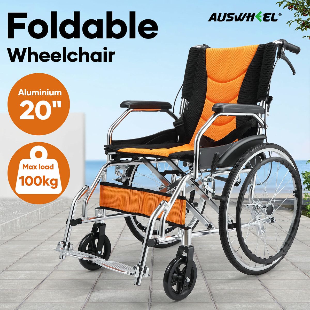 Mobility Wheelchair 20Inch Folding Lightweight Aluminium Medical Aid Equipment Portable Transport Travel Handbrakes