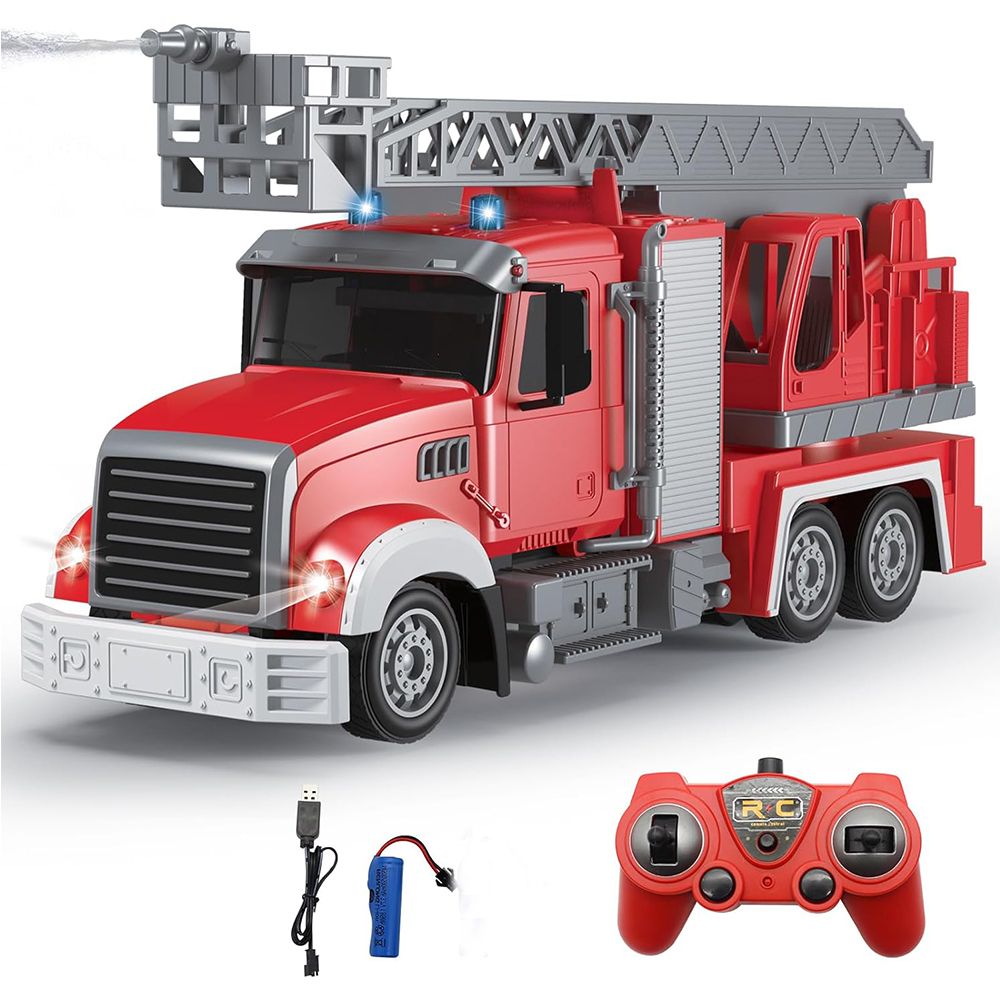 Remote Control Fire Engine Truck Toy,9 Channel Electric RC Truck Construction Toys,with Water Pump Lights Sounds Extendable Ladder, Fire Car Toy Boy Gift