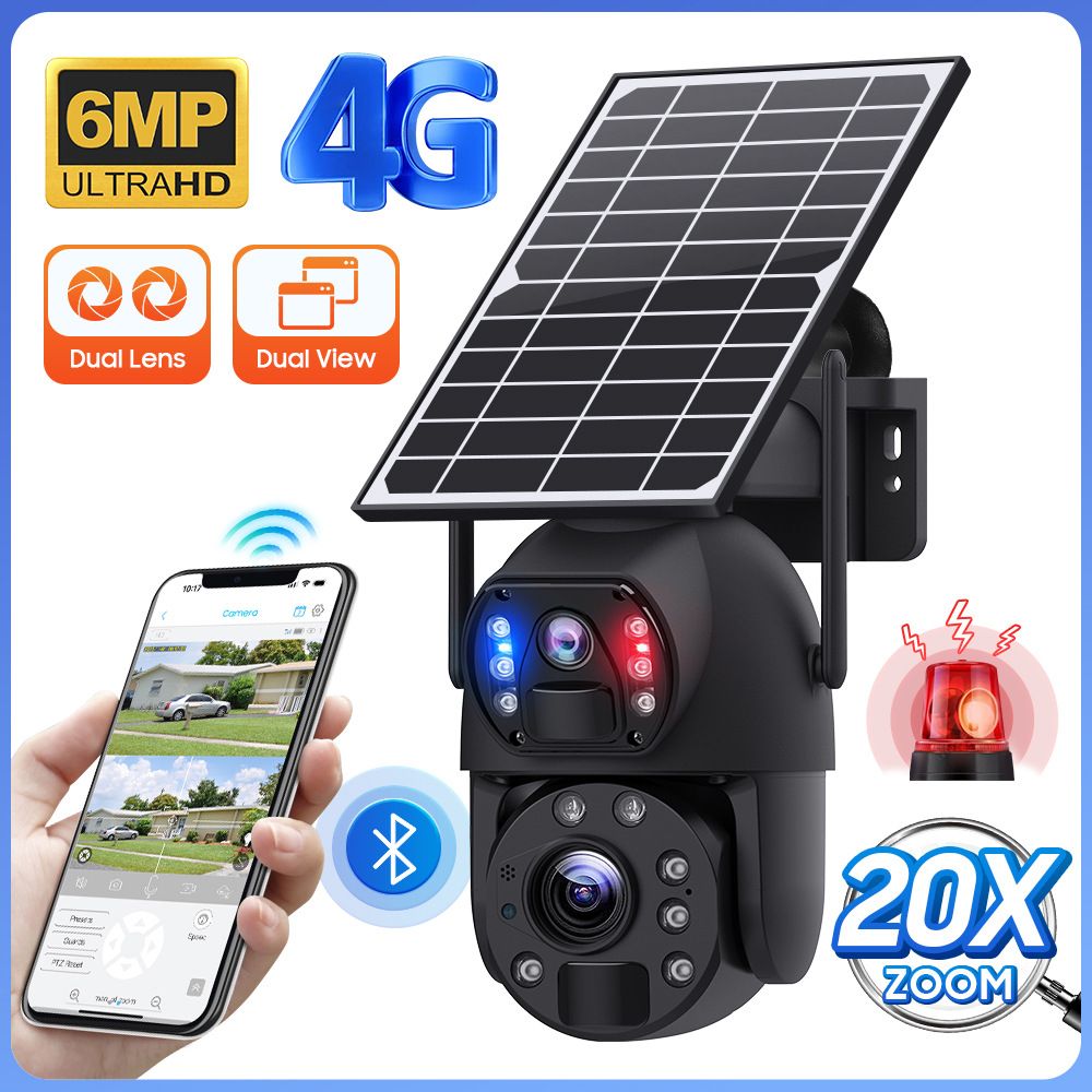 6MP Solar Smart Outdoor Wireless IP Camera PTZ 20X Zoom Dual Lens Home Security Solar Surveillance CCTV WiFi Camera