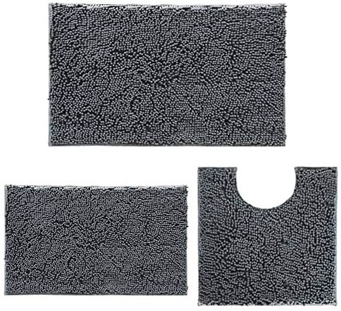 Set of 3 Ultra Soft Non Slip Chenille Absorbent Shaggy Bath Mat Rugs for Bathroom Tub Shower Toilet Dark Grey