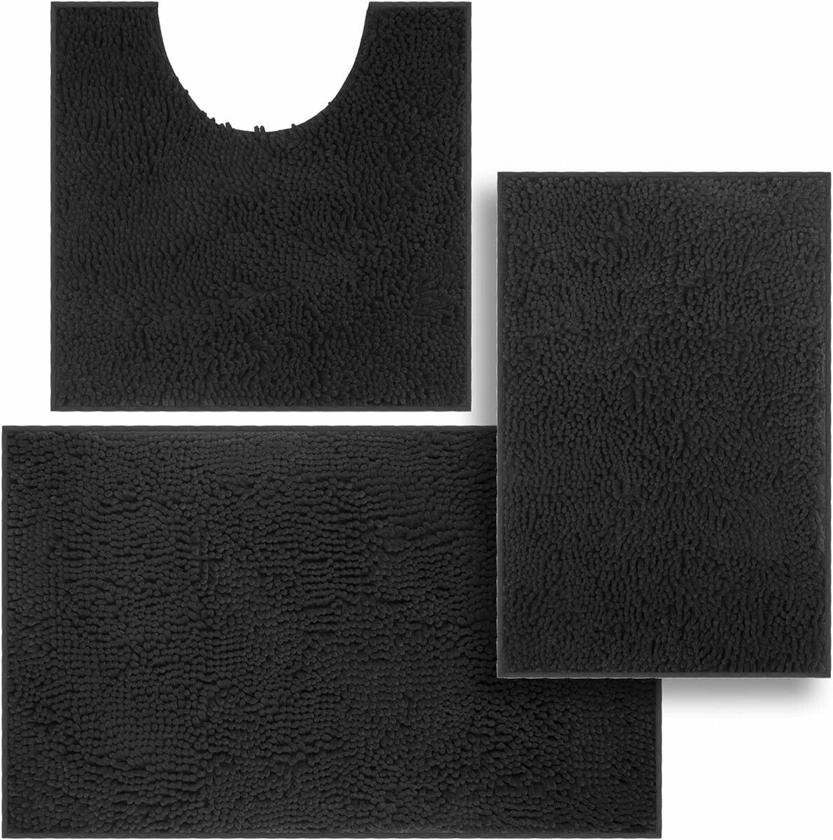 Set of 3 Ultra Soft Non Slip Chenille Absorbent Shaggy Bath Mat Rugs for Bathroom Tub Shower Toilet Black