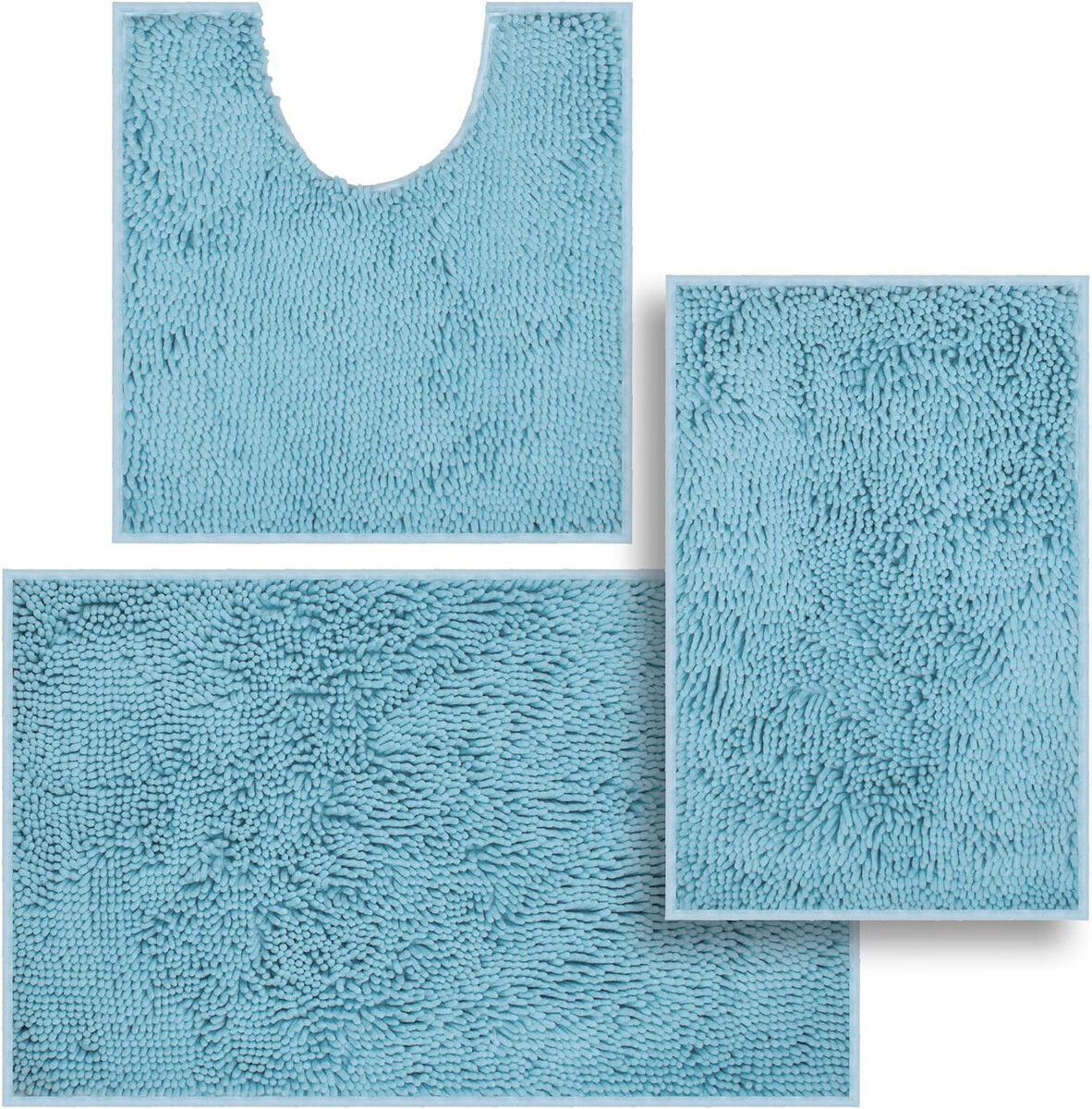 Set of 3 Ultra Soft Non Slip Chenille Absorbent Shaggy Bath Mat Rugs for Bathroom Tub Shower Toilet Blue