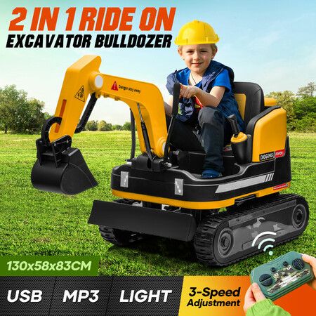 2 in 1 Kids Excavator Bulldozer Toy Ride On Car Remote Control Pedal Digger Tractor Vehicle 360 Degree Rotating 12V 12AH Battery