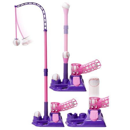 3-in-1 Baseball Set for Kids,Height Adjustable Tee Ball Set with 6 Softballs,T Ball Stand,Hanging Tee,Auto Ball Launcher,Retractable Bat,Age3+ Pink