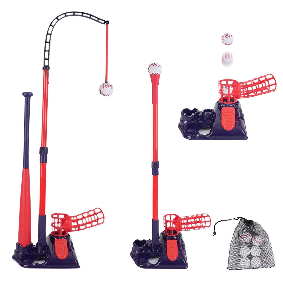 3-in-1 Tee Ball Set for Kids,BaseBall Tee Set with Pitching Machine/Adjustable Batting Tee/Retractable Baseball Bat/6 Balls,Outdoor Toy Gifts for Age3+,Blue