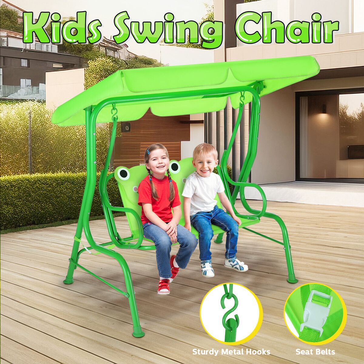 Kids Swing Chair 2 Seat Outdoor Furniture Garden Porch Hammock Patio Activity Play Centre Lounge Bench Metal with Canopy