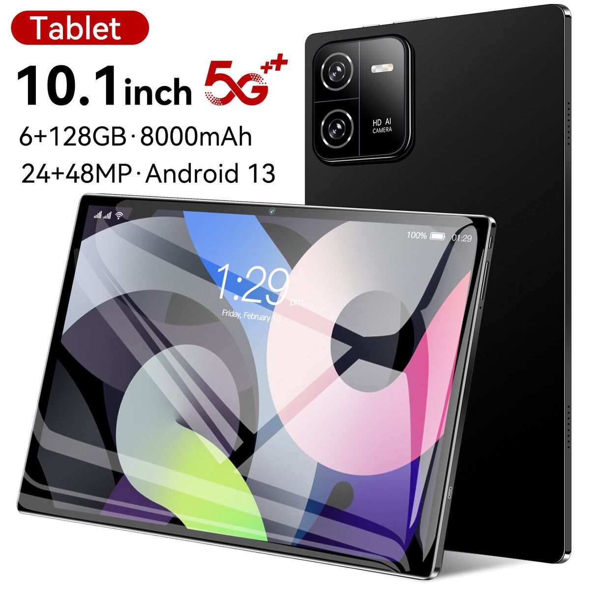Tablet Android 10.1 Inch Pad 5G Wifi Fast 128GB Storage 6GB Memory LCD Bluetooth Keyboard Headset Holder Tech Black