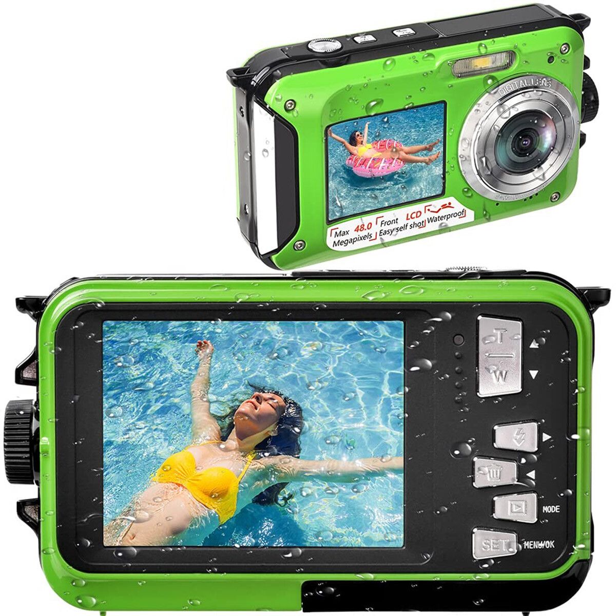 Waterproof Camera Digital Underwater 27K 48MP Video Recorder Selfie Dual Screens 16X Zoom Flashlight Snorkeling Adventure Photography Green