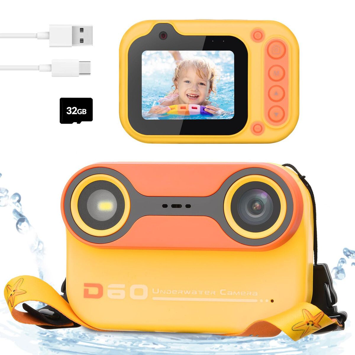 Kids Waterproof Digital Camera Underwater Camera for Snorkeling and Diving with 2.4In IPS Display USB Rechargeable Digital Camera for Videos and Photos with 32GB Card Yellow