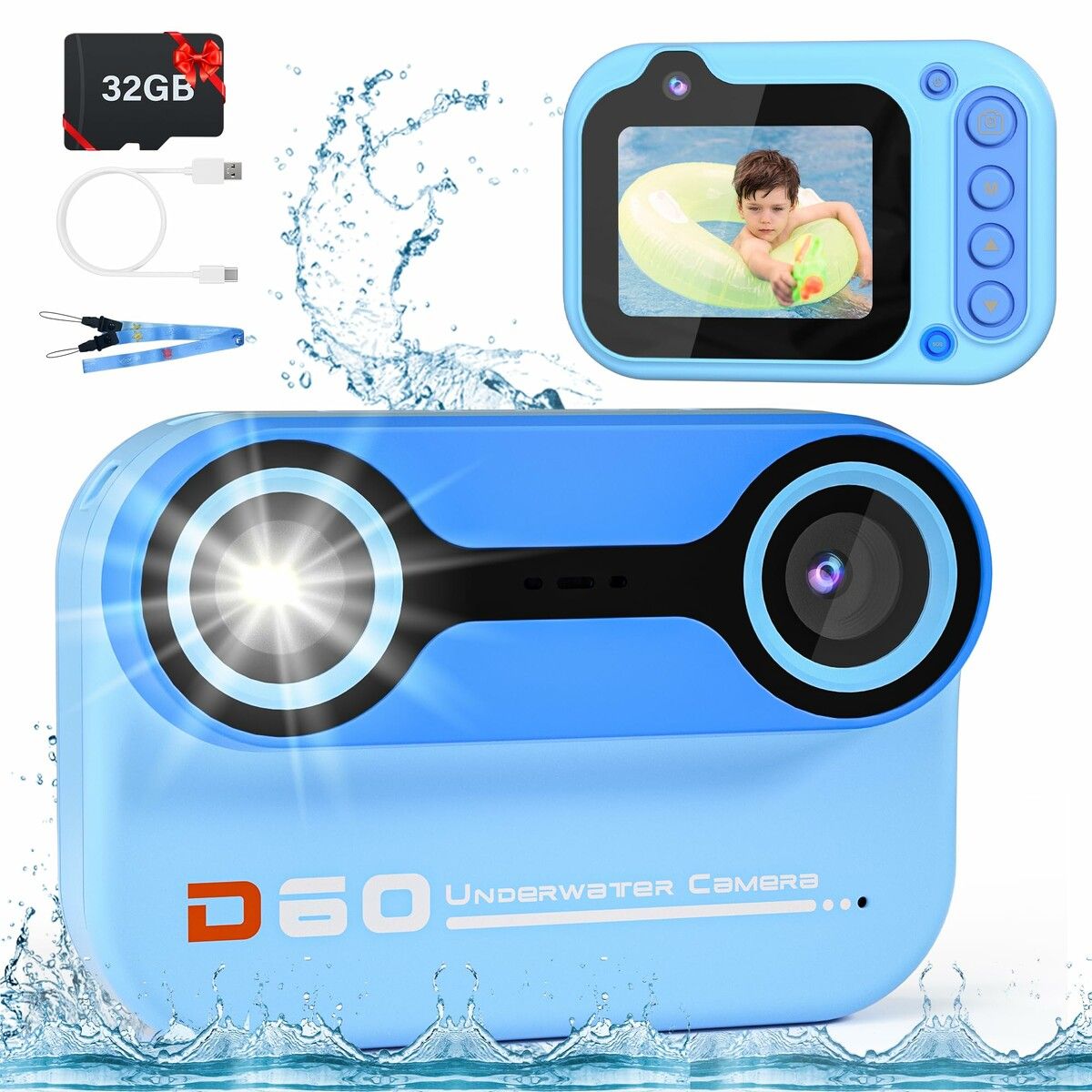 10FT Underwater Camera,Kids Waterproof Camera,1080P Video Camera,Christmas Birthday Gifts Pool Toys Ages 3+,Toddler Digital Action Camera with 32GB Card (Blue)