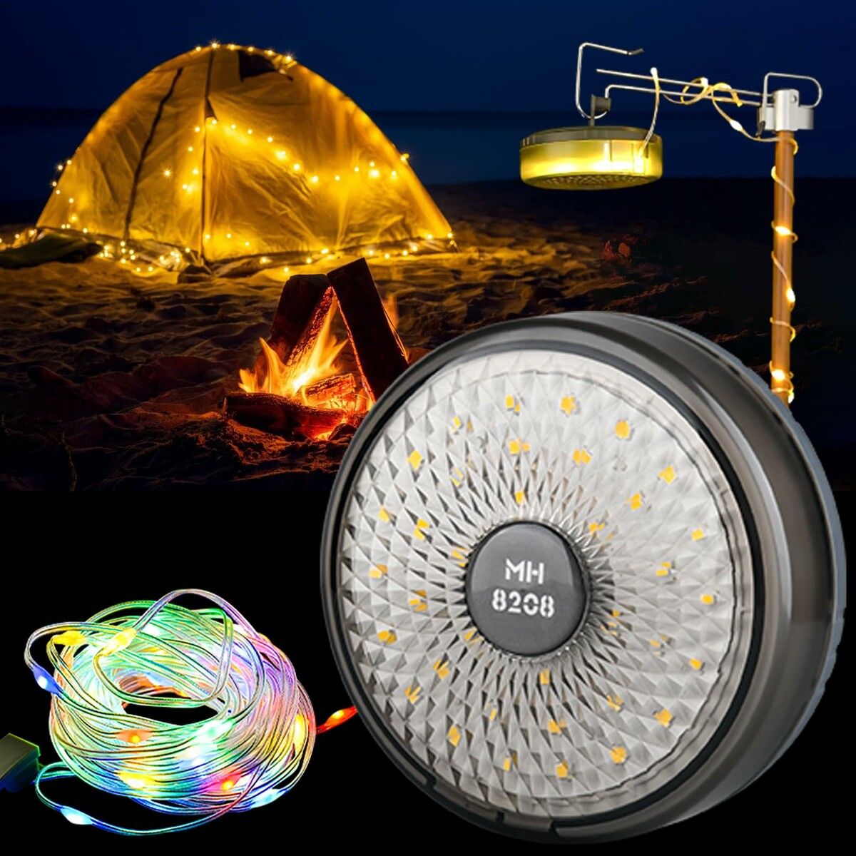 LED String Lights Camping Lantern USB Rechargeable Portable Outdoor Light 8 Lighting Modes IP67 Waterproof Tent Party Indoor Outdoor Decorating