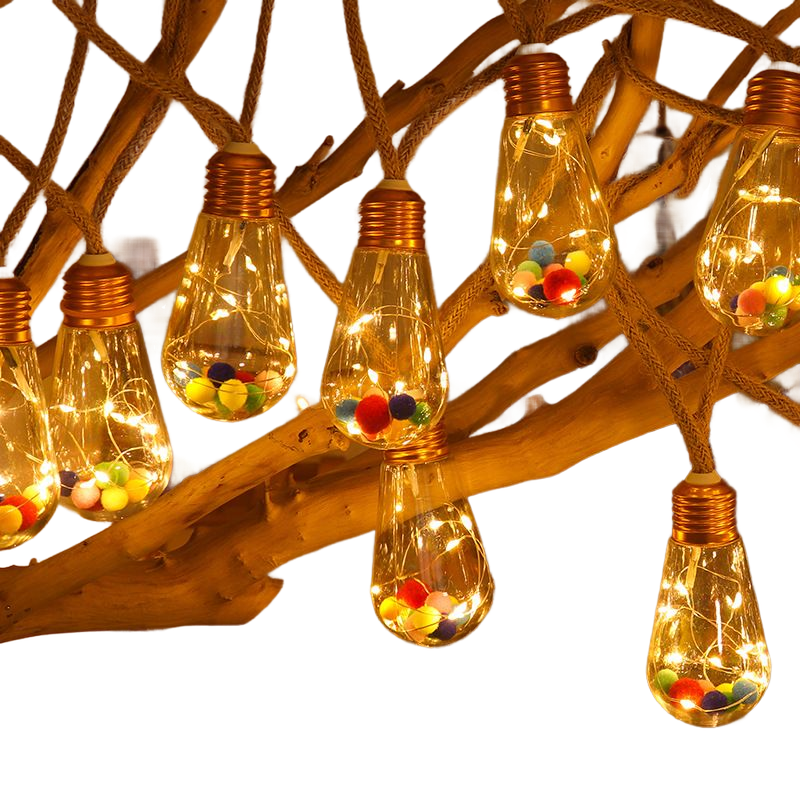 Solar Power USB rechargeable rope hemp 16 bulbs with vibrant mini fur balls Outdoor 8 Modes String Lights Garden Fence Balcony Col. Warm White