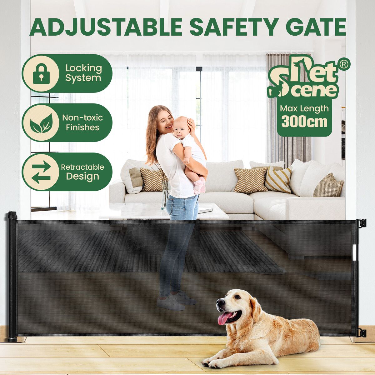 Retractable Baby Gate Safety Cat Enclosure Indoor Pet Dog Fence Guard Barrier Stairs Doorway Security 300cm Black